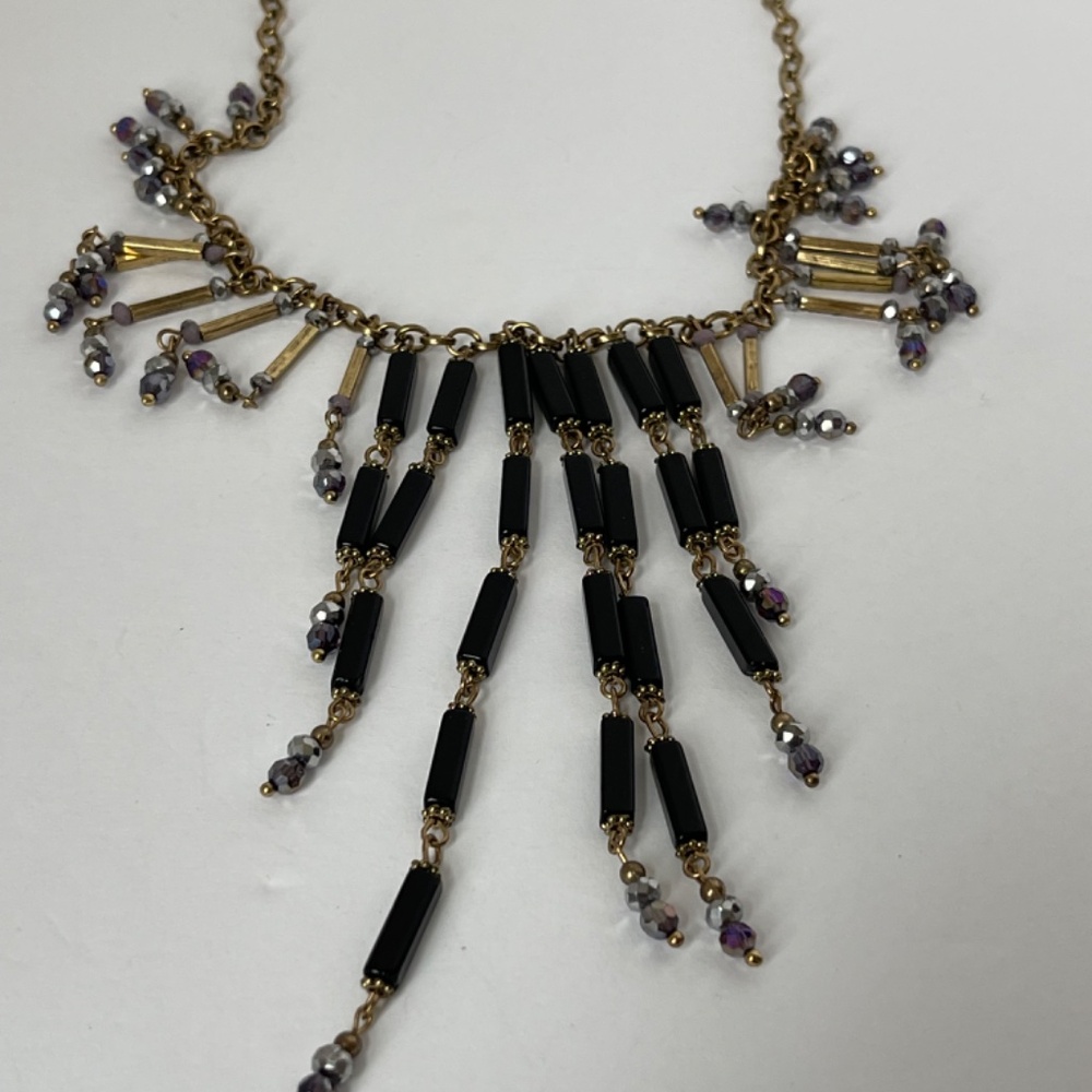 Bib Necklace Black Beads Dangle Drops Rhinestone Crystal Waterfall Bib